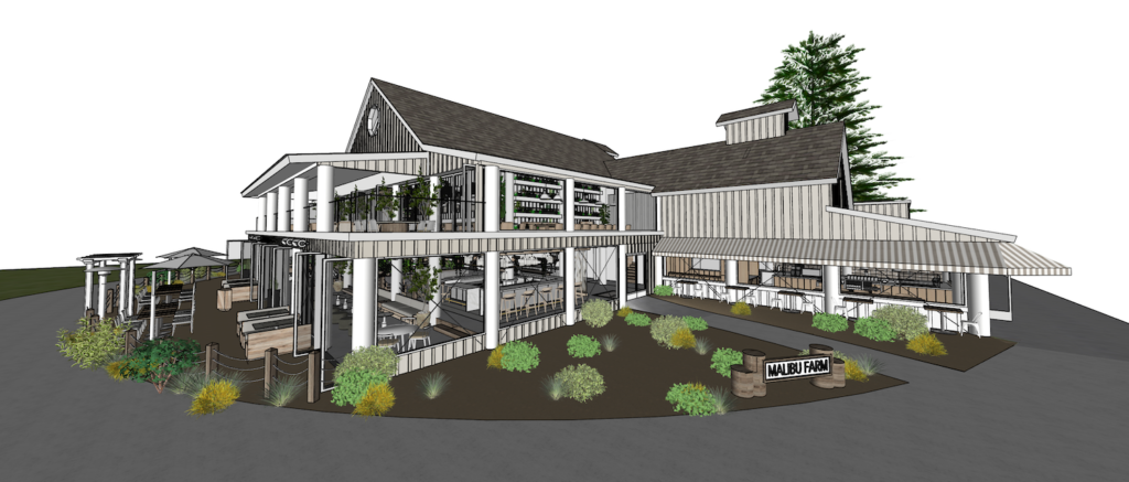 Rendering of new restaurant Malibu Farm located in Seaport Vilalge with two floors and an upstairs patio